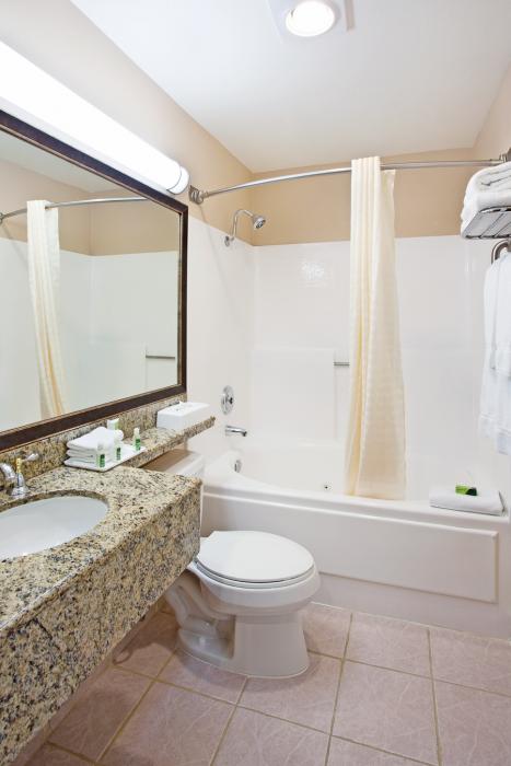 Guestroom bathroom with counter, sink, toilet and bathtub